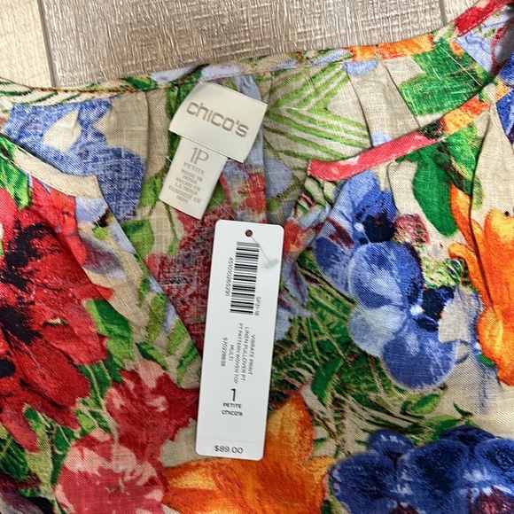 Chicos Linen Tan Tropical Floral 3/4 Length Shirt Size 1P - Picture 6 of 12